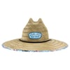 Straw hat with a wide brim and a multicolored edge trim. Features a Ron Jon Surf Shop patch on the front.