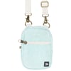 A small light blue crossbody bag with a front zipper pocket, white adjustable strap, and brass hardware. The front features the Ron Jon Surf Shop logo and a small patch.