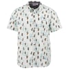 Light blue short-sleeve button-up shirt with a pattern of small figures dancing.
