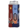 A silver can in a colorful neoprene sleeve featuring sun, dolphin, and footprint graphics, along with the letters JON, SHOP, and MD.