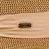 A straw hat with a beige band featuring a metal plate that reads Ron Jon¬Æ.