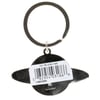 A metal keyring with a black planet-shaped charm featuring a white barcode sticker on its surface.