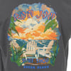 Grey shirt with a colorful graphic of two chairs facing the ocean at sunset, palm leaves, and the text Ron Jon Surf Shop Cocoa Beach.