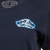 Close-up of a navy blue T-shirt with a Ron Jon Surf Shop logo in blue and white printed on the chest and inside the collar.