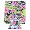 Colorful can cooler with a design of cartoon alligators, pink flowers, and Ron Jon Surf Shop logos.