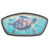 A curved rectangular sticker featuring an illustration of a sea turtle swimming underwater with several smaller turtles in the background.