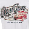T-shirt with Ron Jon Surf Shop text and a vintage car graphic, labeled Est. 1959 and Cocoa Beach, Fla.