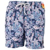 Blue swim trunks with a drawstring waist, featuring a pattern of pink and blue tropical birds and leaves.