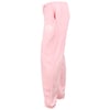 A pair of light pink sweatpants with an elastic waistband, drawstring, elastic cuffs, and a small white logo on the left thigh.