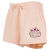 Peach-colored shorts with a floral design and Ron Jon Surf Shop logo on the left leg, featuring an elastic waistband with a drawstring and side pockets.