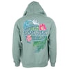 A green hooded sweatshirt featuring a Ron Jon Surf Shop Ft. Myers graphic with a wave, palm leaves, and pink hibiscus flowers on the back.