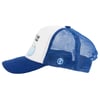 Blue and white trucker hat with mesh back. Graphic of a globe on the front and a small circular logo on the side.