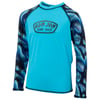 A blue long-sleeve rash guard with patterned sleeves and a Ron Jon Surf Shop logo on the chest.