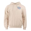 Sand colored hooded sweatshirt with front pocket and small colorful graphic on the left chest reading Ron Jon Surf Shop, Myrtle Beach.
