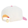 A white baseball cap with a pink brim is shown from the back, featuring an adjustable strap with a gold buckle.