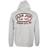 A gray hooded sweatshirt with Ron Jon Surf Shop and Ocean City, MD printed in red and black on the back.