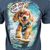 T-shirt with a design of a dog wearing sunglasses and a life jacket surfing on a wave, with text Ron Jon Surf Shop, Cocoa Beach, FL.