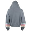 Back view of a gray hoodie with multicolored stripes on the sleeves and a hood.
