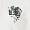 Close-up of a white shirt with the text Long Beach Island and Ron Jon Surf Shop printed around a graphic of a palm tree.