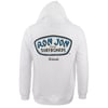 White hoodie featuring a Ron Jon Surfboards Orlando logo on the back in blue and black lettering.