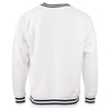 White sweatshirt with black striped cuffs and hem, viewed from the back.