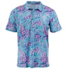 A short-sleeve collared shirt with a vivid blue and pink tropical leaf pattern.