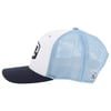 A blue and white trucker cap with a mesh back and a navy bill, featuring a logo on the side.