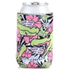 A beverage can with a coozie featuring green cartoon alligators, pink flowers, and Ron Jon Surf Shop logos.