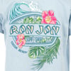 Light blue t-shirt with Ron Jon Surf Shop Cocoa Beach text, featuring tropical flowers, palm leaves, and a wave graphic.