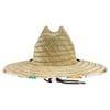 Wide-brimmed straw hat with a woven pattern, featuring a colorful floral band on the edge and adjustable chin strap.