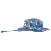 Blue, white, and red patterned wide-brim hat with adjustable chin strap and ventilation eyelets on the side.