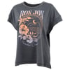 Dark gray T-shirt with a graphic of flowers, waves, a sunset, and a crescent moon. The text reads Ron Jon and Paradise Dream.