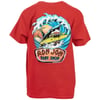 Red T-shirt with a graphic of a shark holding a surfboard in its mouth. The text reads, Ron Jon Surf Shop.