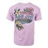 Lilac T-shirt featuring Ron Jon Surf Shop logo with a flamingo, tropical flowers, and Cocoa Beach text on the back.