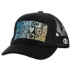 Black mesh trucker hat with a colorful Ron Jon Surf Shop patch featuring flowers, hearts, and spirals.