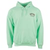 Mint green hoodie with a front pocket and a logo on the left chest featuring Ron Jon Surf Shop and Cocoa Beach.