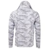 A long-sleeved, hooded shirt with a grey and white camouflage pattern, shown from the back.