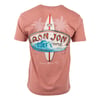 Back of a pink T-shirt featuring a Ron Jon Surf Shop logo with a surfboard and wave design. Text: Cocoa Beach, Fla.