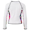 Back view of a long-sleeve white rash guard with colorful floral side panels and black stitching along the seams.