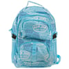 A light blue backpack with multiple zippered pockets, mesh side pockets, and an all-over RON JON SURF SHOP logo pattern.