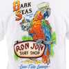 Illustration of a parrot wearing a sailor hat holding a skull drink, sitting on a branch above a Ron Jon Surf Shop sign, with Dark Seas text above.