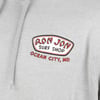 Close-up of a gray hoodie with a Ron Jon Surf Shop Ocean City, MD logo printed in red, white, and black on the chest.