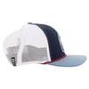 Side view of a blue and white mesh trucker hat with a blue brim and embroidered patch on the front.