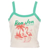 White and mint green tank top featuring Ron Jon Surf Shop text and a coral graphic of two flamingos and a palm tree.
