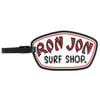 Ron Jon Surf Shop luggage tag with a black strap, featuring bold red and black lettering on a white background.