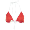 Red triangle bikini top with white straps and trim, featuring a halter neck and front tie closure.