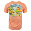 Back view of an orange T-shirt featuring a colorful beach scene with text: Ron Jon Surf Shop, Cocoa Beach, Florida.