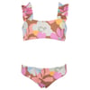 Two-piece floral bikini with ruffled shoulder straps. Top and bottom feature a colorful floral pattern on a brown background.