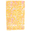 A rectangular folded fabric with a yellow and pink abstract leaf pattern on a white background.