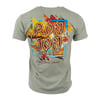 Gray T-shirt featuring Ron Jon Surf Shop with colorful abstract design and text Cocoa Beach, Florida.